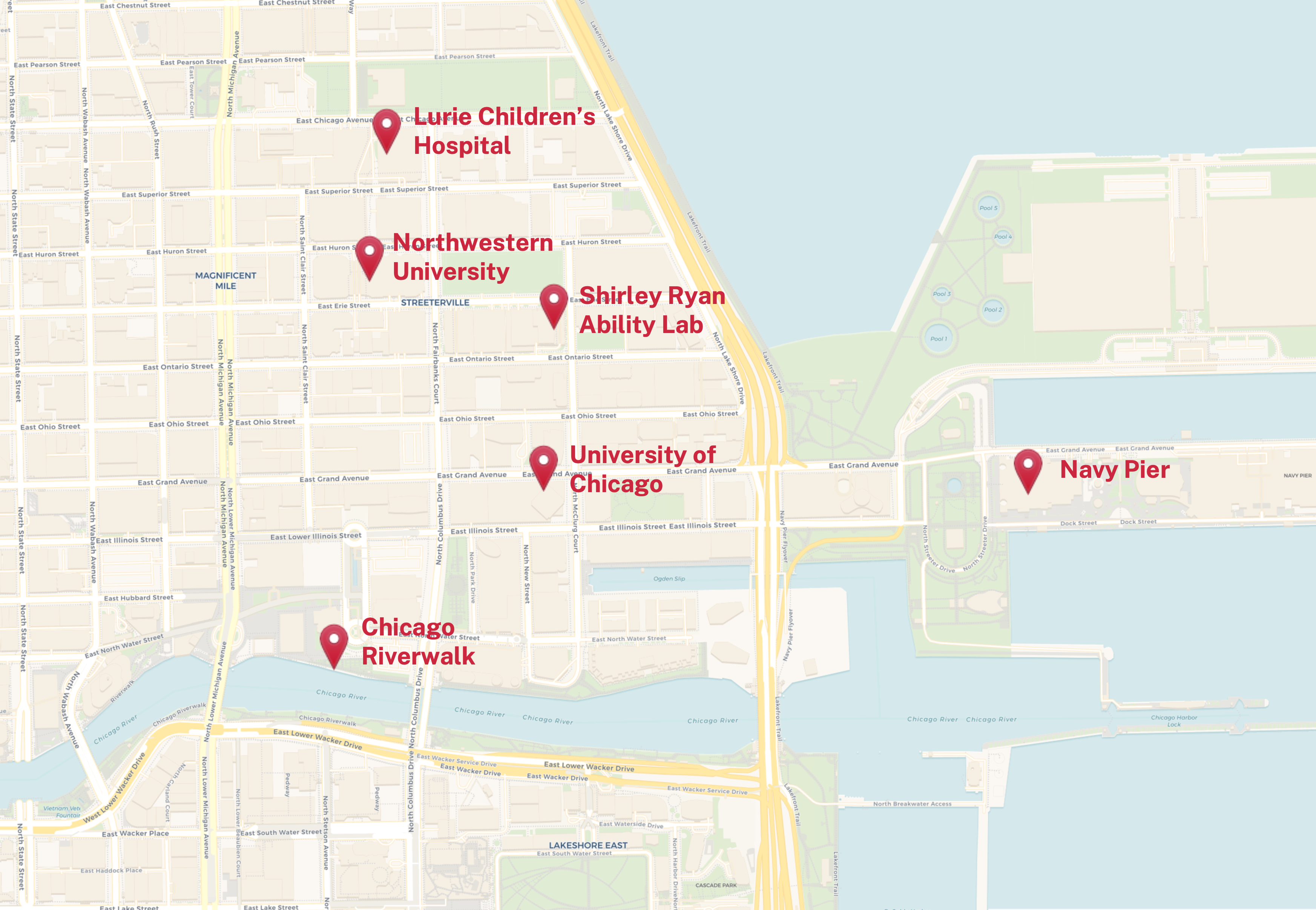 North Side Chicago medical and research district map showing Northwestern University and surrounding institutions